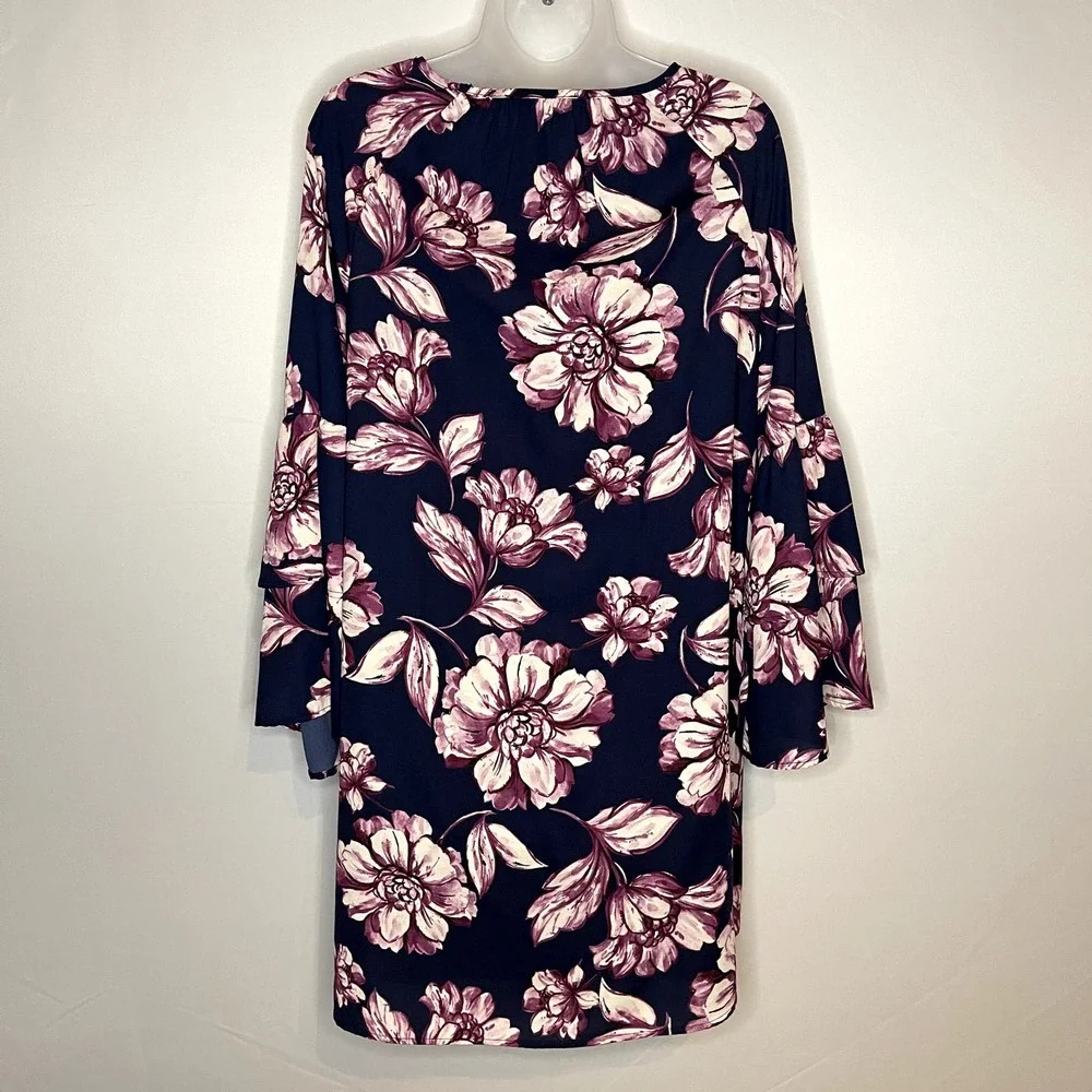 Altar'd State Floral Bell Sleeve Shift Dress Navy Blue Purple Size Medium - Picture 5 of 7